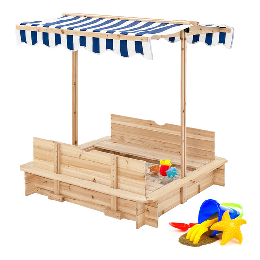 Infans Kids Wooden Sandbox with Canopy & Foldable Bench SeatsNatural/Blue