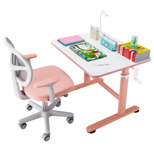 Infans Height Adjustable Kids Desk & Chair Set Study Desk Chair w/Sit-brake Caster Pink