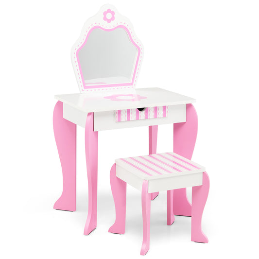Infans Kid Vanity Set Wooden Makeup Table Stool w/ Mirror Flower Print Pink & White