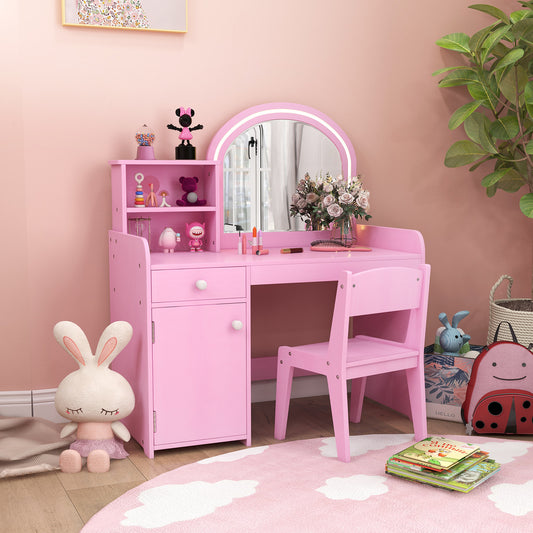 Infans Kid Vanity Table Chair Set 2-Color LED Lights Large Drawer Shelf Cabinet Pink