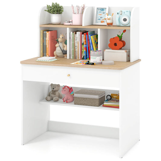 Infans Kids Wooden Study Desk Children Writing Table with Hutch & Drawer White