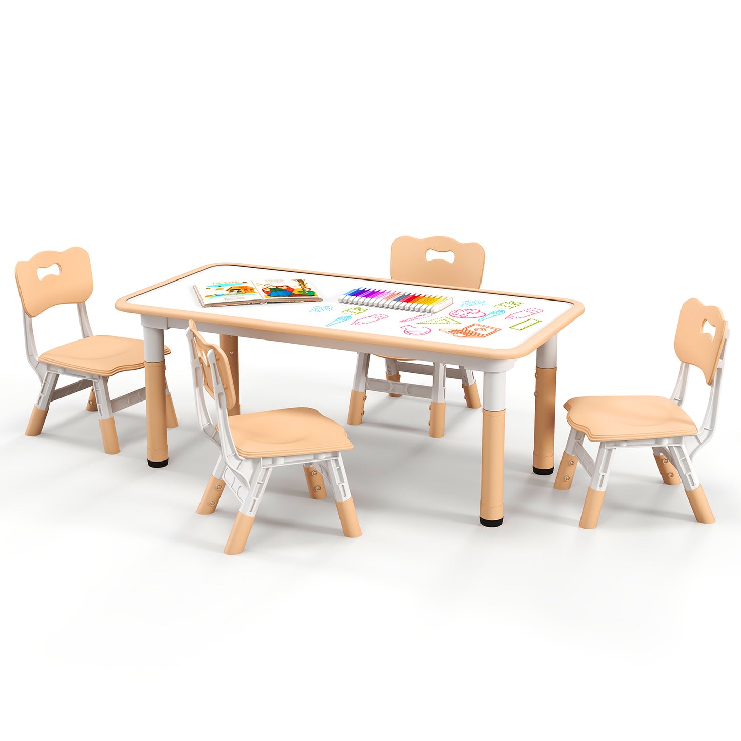 Infans Kids Height Adjustable Table and 4 Chairs Set with Graffiti Desktop Natural
