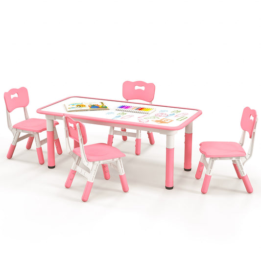 Infans Kids Height Adjustable Table and 4 Chairs Set with Graffiti Desktop Pink