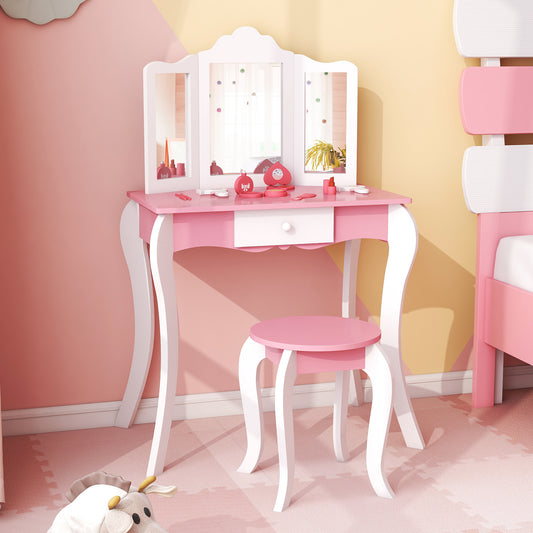 Infans Kid Vanity Table and Chair Detachable Tri-Folding Mirror Pretend Play Makeup Set