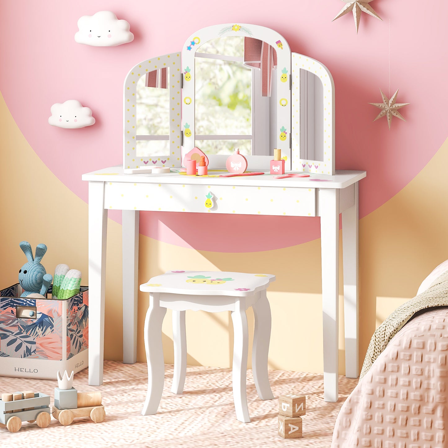 Infans Kids Vanity Table Set Tri-Folding Mirror Pretend Play Dressing Large DrawerWhite
