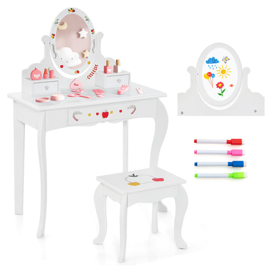 Infans Kid Vanity Table Stool Set Dual-use Rotatable Mirror Whiteboard 4 Markers
