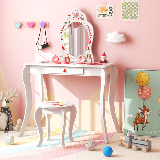 Infans Kid Vanity Table Stool Set Storage Drawer Watermelon Patterns Play Makeup Set