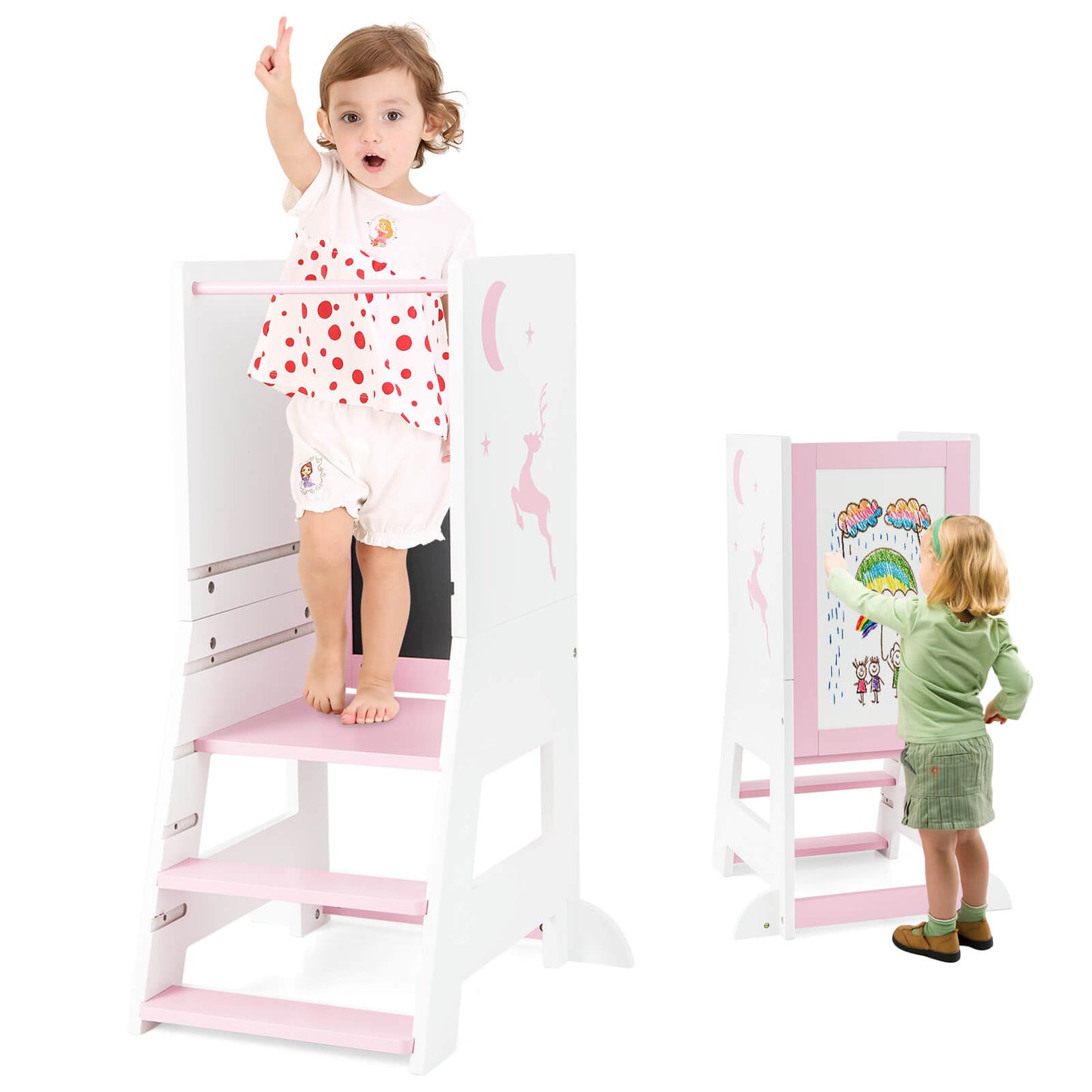 Infans Toddler Kitchen Stool Helper Baby Standing Tower w/ Chalkboard & WhiteboardPink