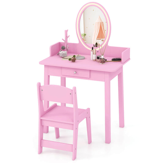 Infans Kids Vanity Set w/ Lighted Mirror Chair 2-Color LED Lighting for Girls Makeup