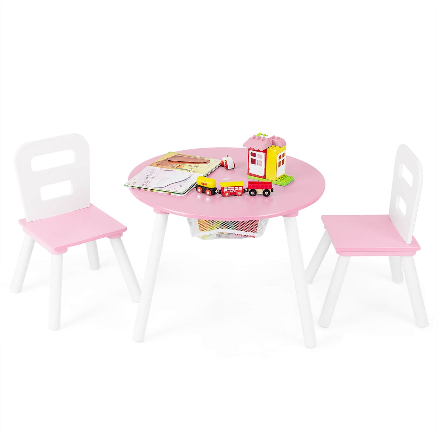 Infans Kids Wooden Round Table & 2 Chair Set w/ Center Mesh Storage Pink
