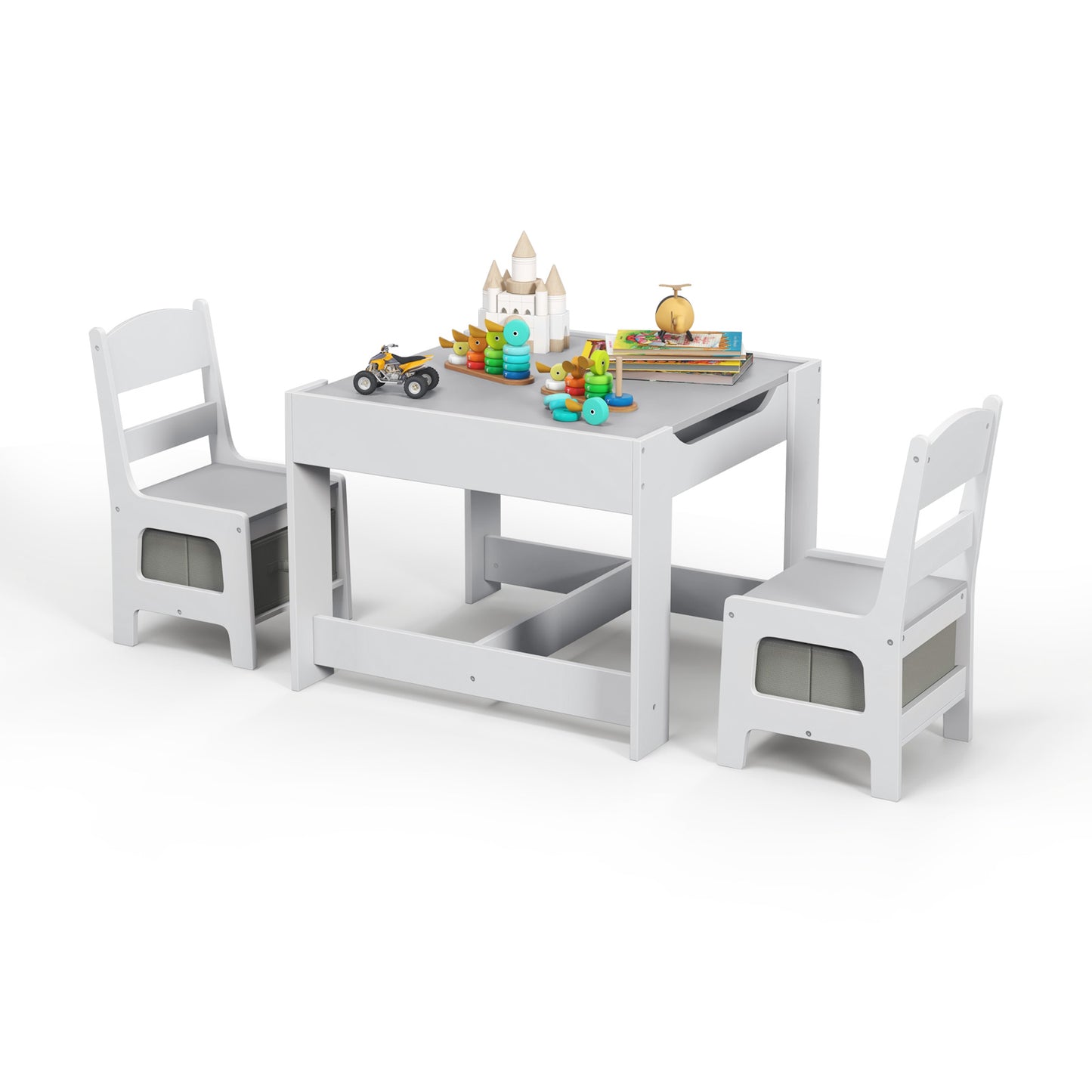 Infans Kids Table Chairs Set w/ Storage Box Blackboard Whiteboard Drawing Grey