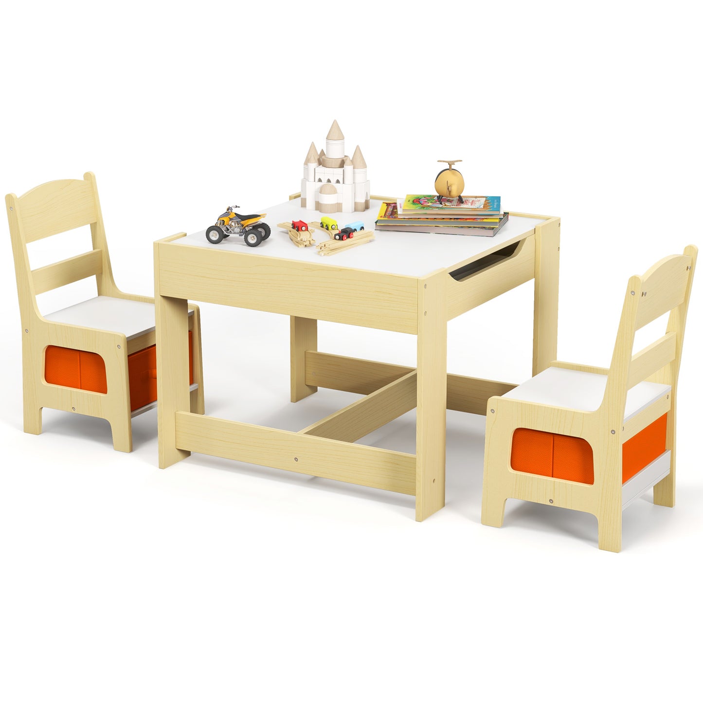 Infans Kids Table Chairs Set With Storage Boxes Blackboard Whiteboard Drawing NatureNatural