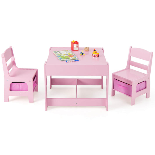 Infans 3 in 1 Kids Wood Table Chairs Set w/ Storage Box Blackboard Drawing Pink