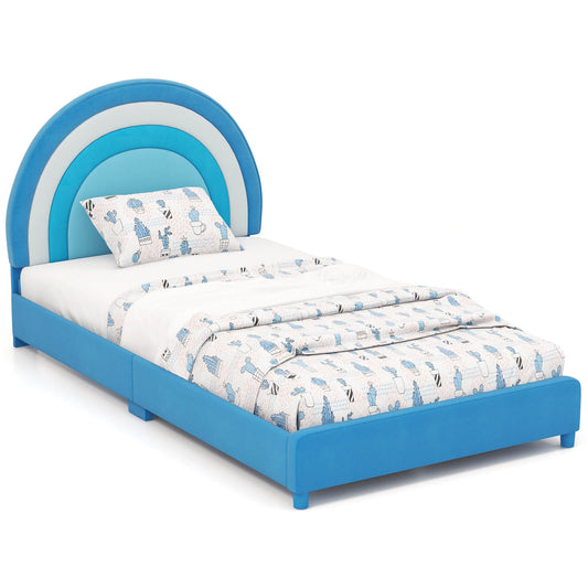 Infans Kids Twin Platform Bed Frame Upholstered Twin Size Bed w/ Wooden Slats SupportBlue