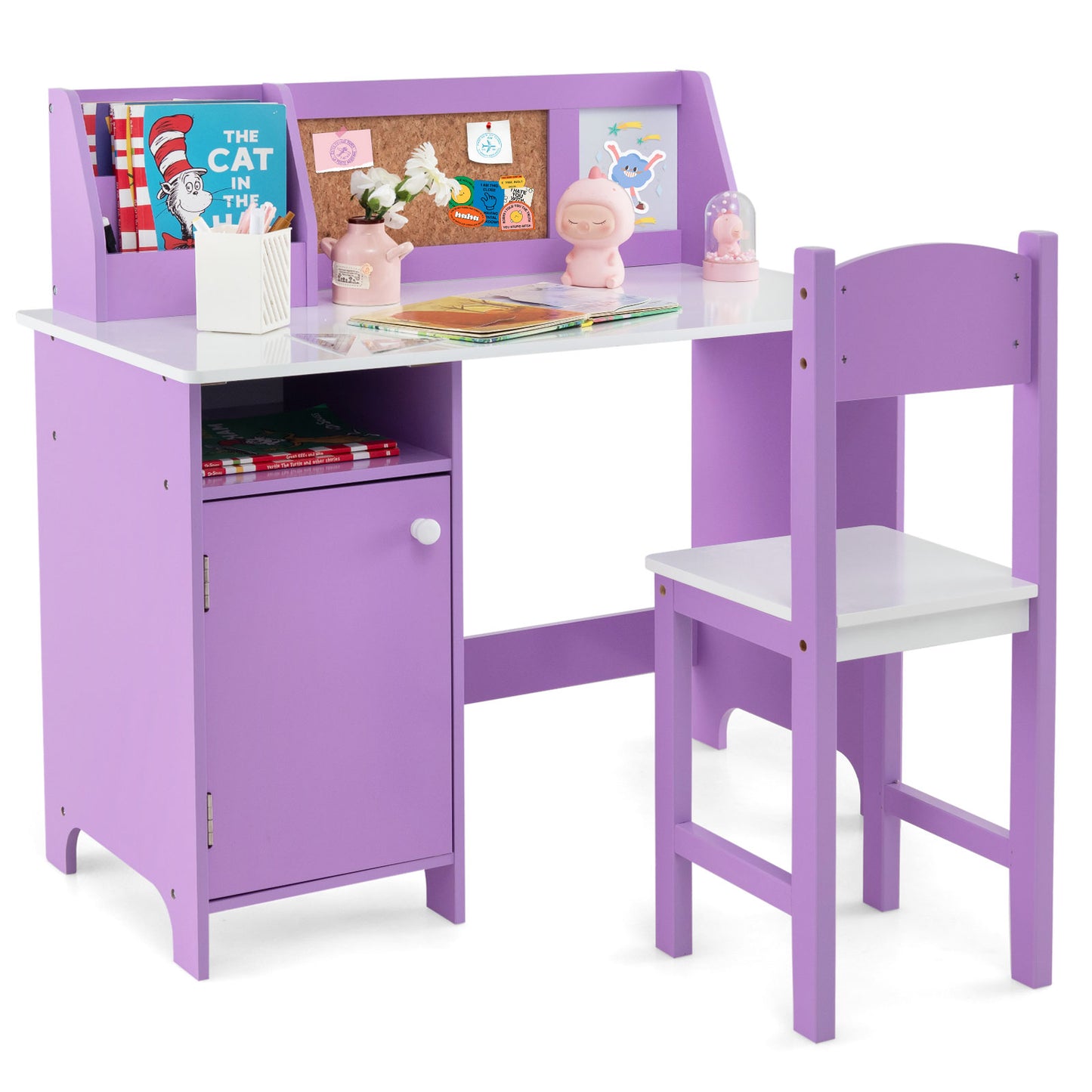 Infans Kids Study Desk w/ Chair Children Table & Chair Set w/ Whiteboard Purple