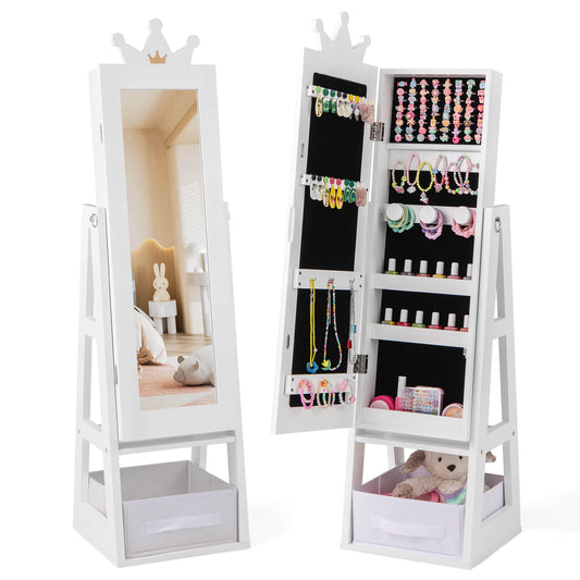 Infans Kids Jewelry Cabinet w/ Full-Length Mirror Foldable Drawer Anti-toppling SystemWhite
