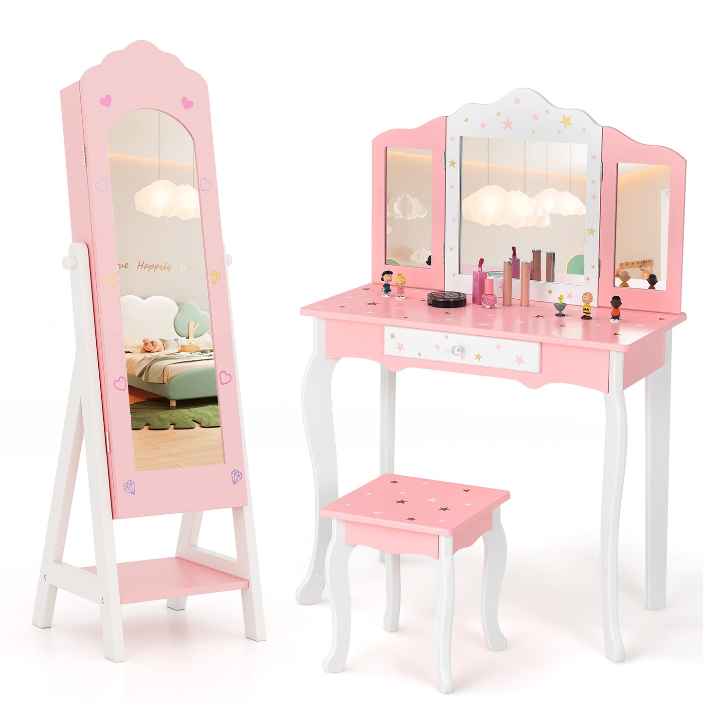 Infans Kids Vanity Set Princess Makeup Dressing Table and Chair Set w/ Jewelry ArmoirePink