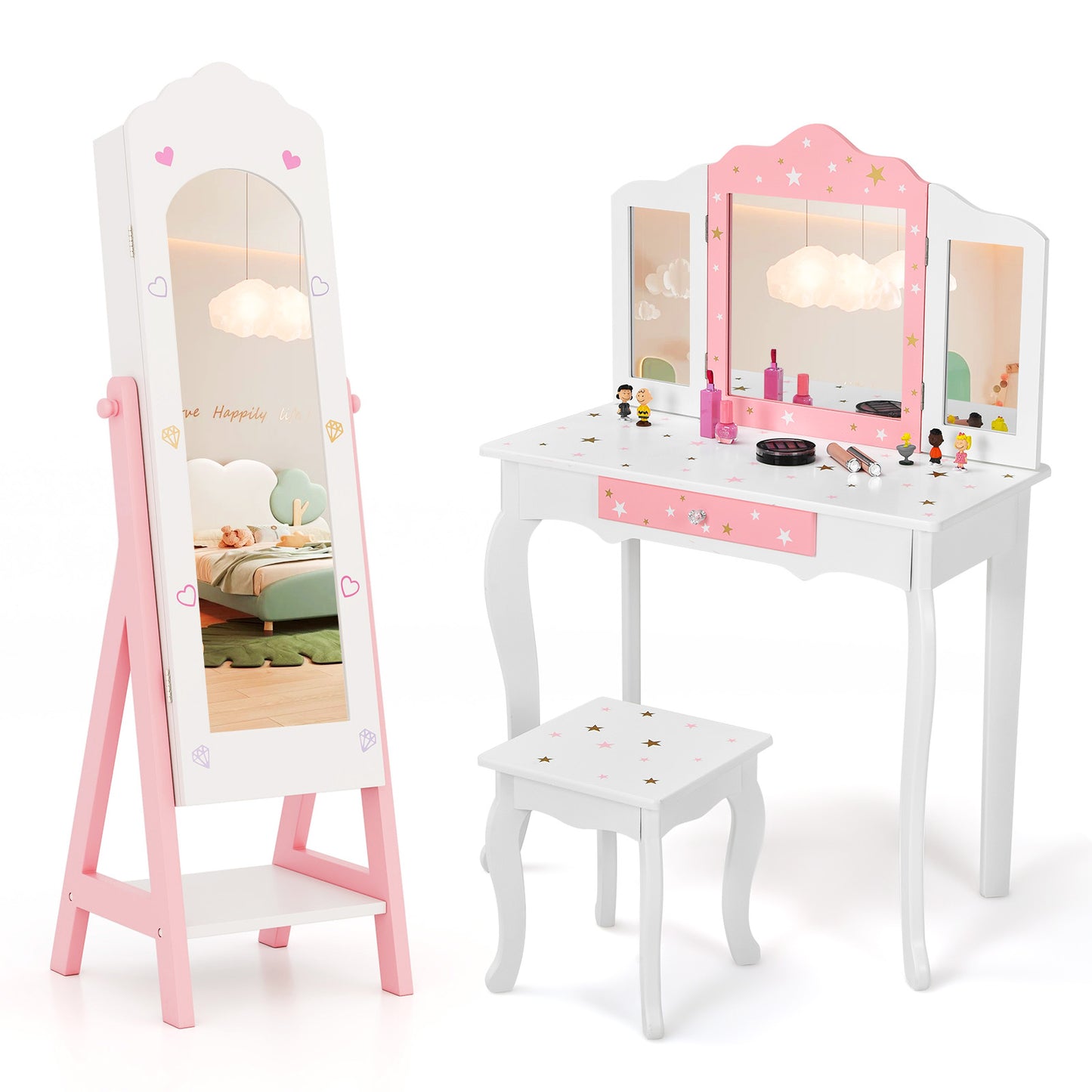 Infans Kids Vanity Set Princess Makeup Dressing Table and Chair Set w/ Jewelry ArmoireWhite