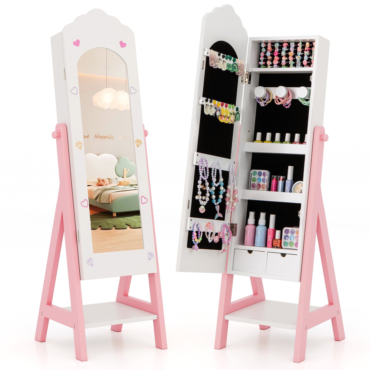 Infans Kids Jewelry Cabinet Standing Children Jewelry Organizer w/ Full-Length Mirror