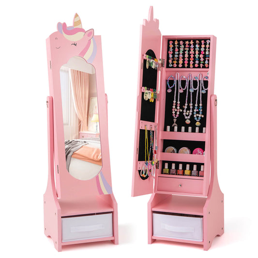 Infans Kids Jewelry Cabinet with Full-Length Mirror 2 Adjustable Tilt Angles DrawerPink