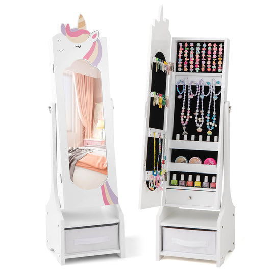 Infans Kids Jewelry Cabinet with Full-Length Mirror 2 Adjustable Tilt Angles DrawerWhite