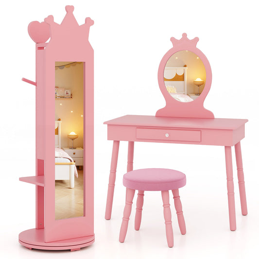 Infans Kids Vanity Set Princess Makeup Dressing Table and Chair Set w/ Coat RackPInk