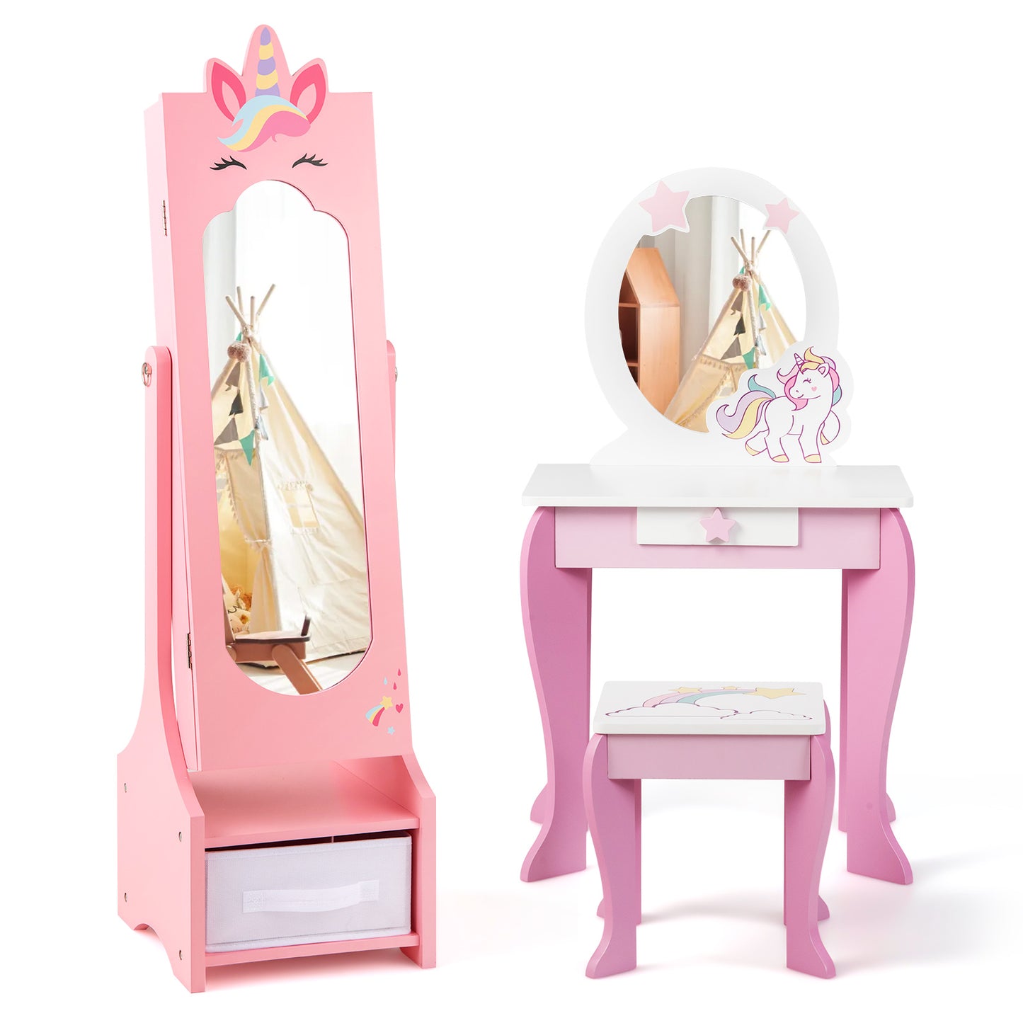 Infans Kids Vanity Set Princess Makeup Dressing Table and Chair Set withJewelry ArmoirePink