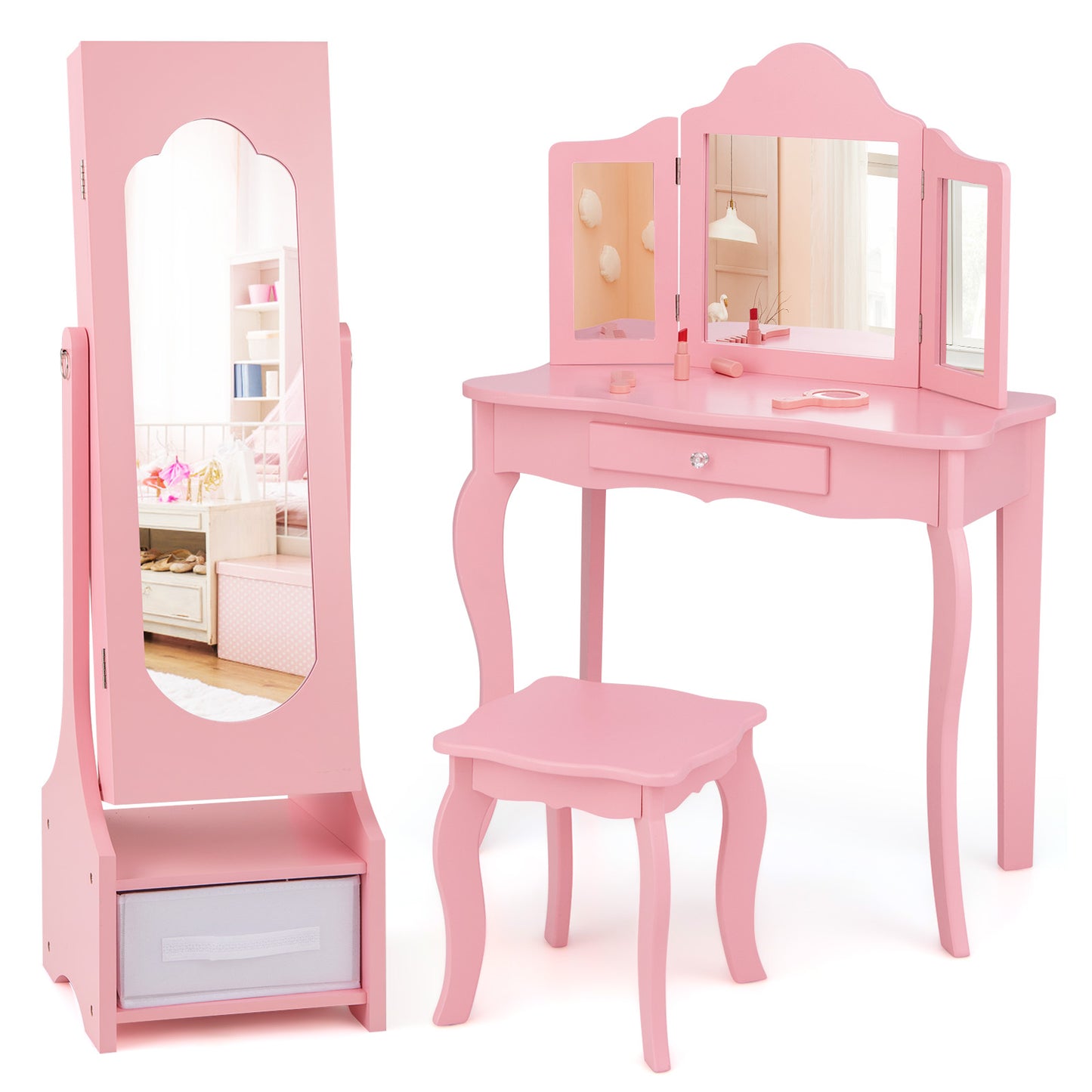 Infans Kids Vanity Set Princess Makeup Dressing Table & Chair Set w/ Jewelry ArmoirePink