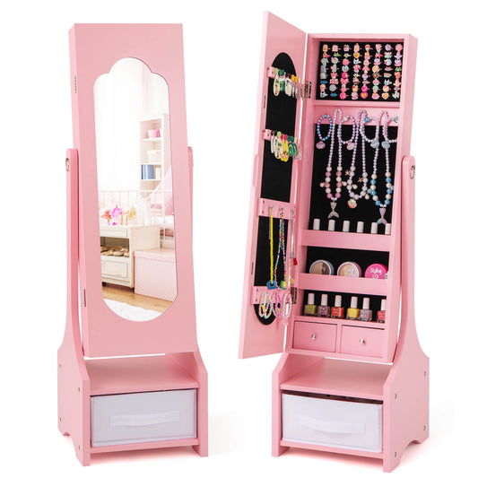 Infans Kids Jewelry Cabinet with Full-Length Mirror Drawer 2 Adjustable Tilt AnglesPink