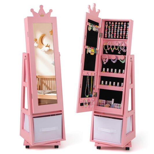 Infans Kids Jewelry Cabinet w/ Full-Length Mirror Foldable Drawer Anti-toppling SystemPink