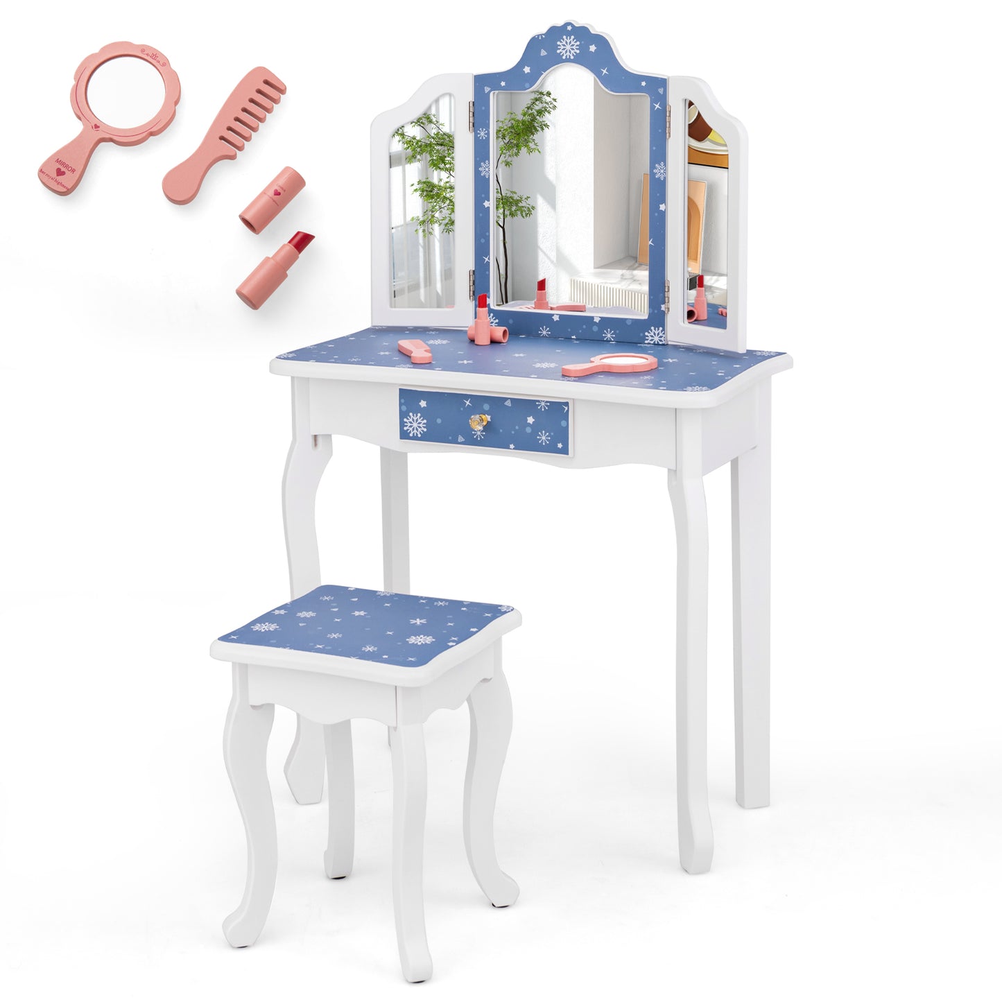 Infans Kids Vanity Set Toddler Makeup Table & Stool w/ Tri-folding Mirror DrawerBlue + White