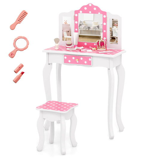 Infans Kids Vanity Table & Stool Set w/ Cute Polka Dot Print Tri-folding Mirror Drawer