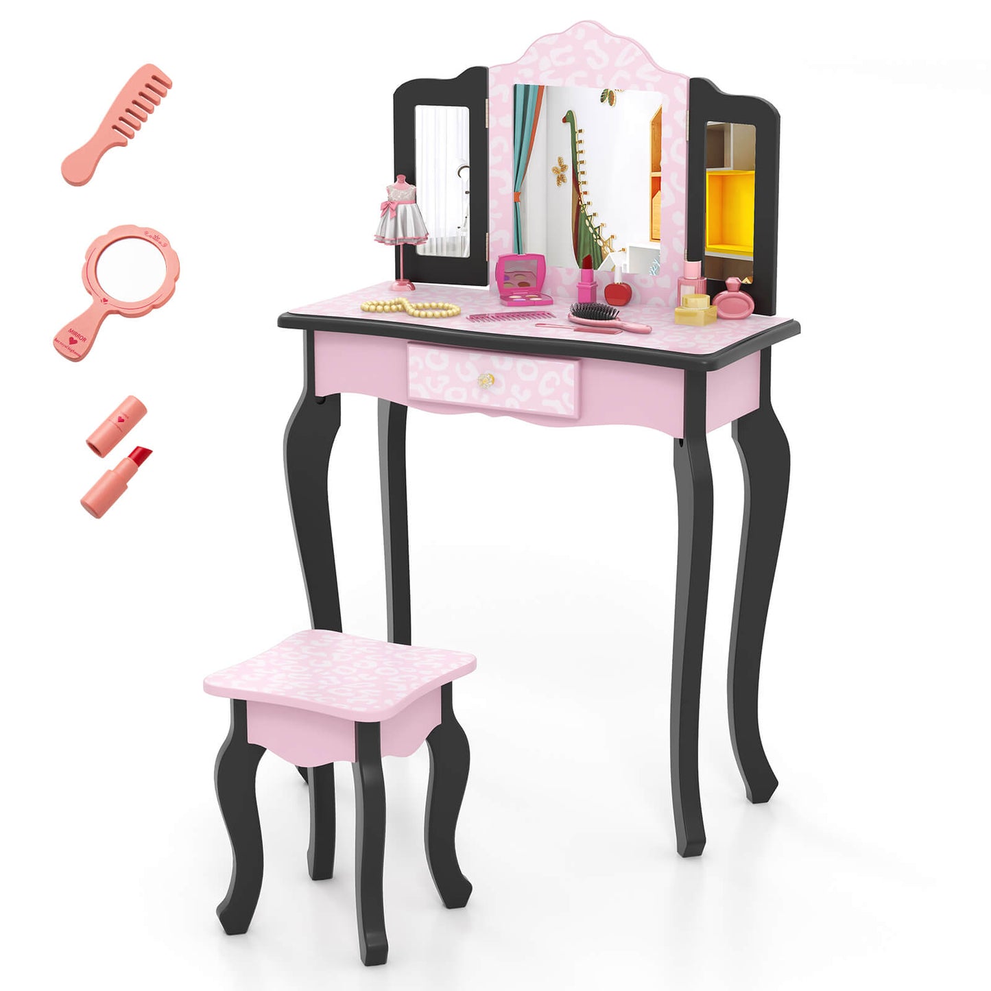 Infans Kids Vanity Set Toddler Makeup Table and Stool withTri-folding Mirror DrawerMulticolor