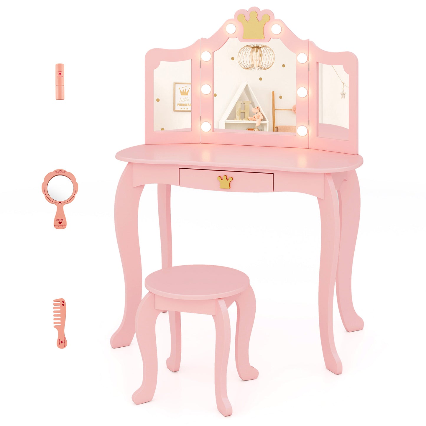 Infans Kids Vanity Set Princess Vanity Table and Chair Set with Lighted MirrorPink