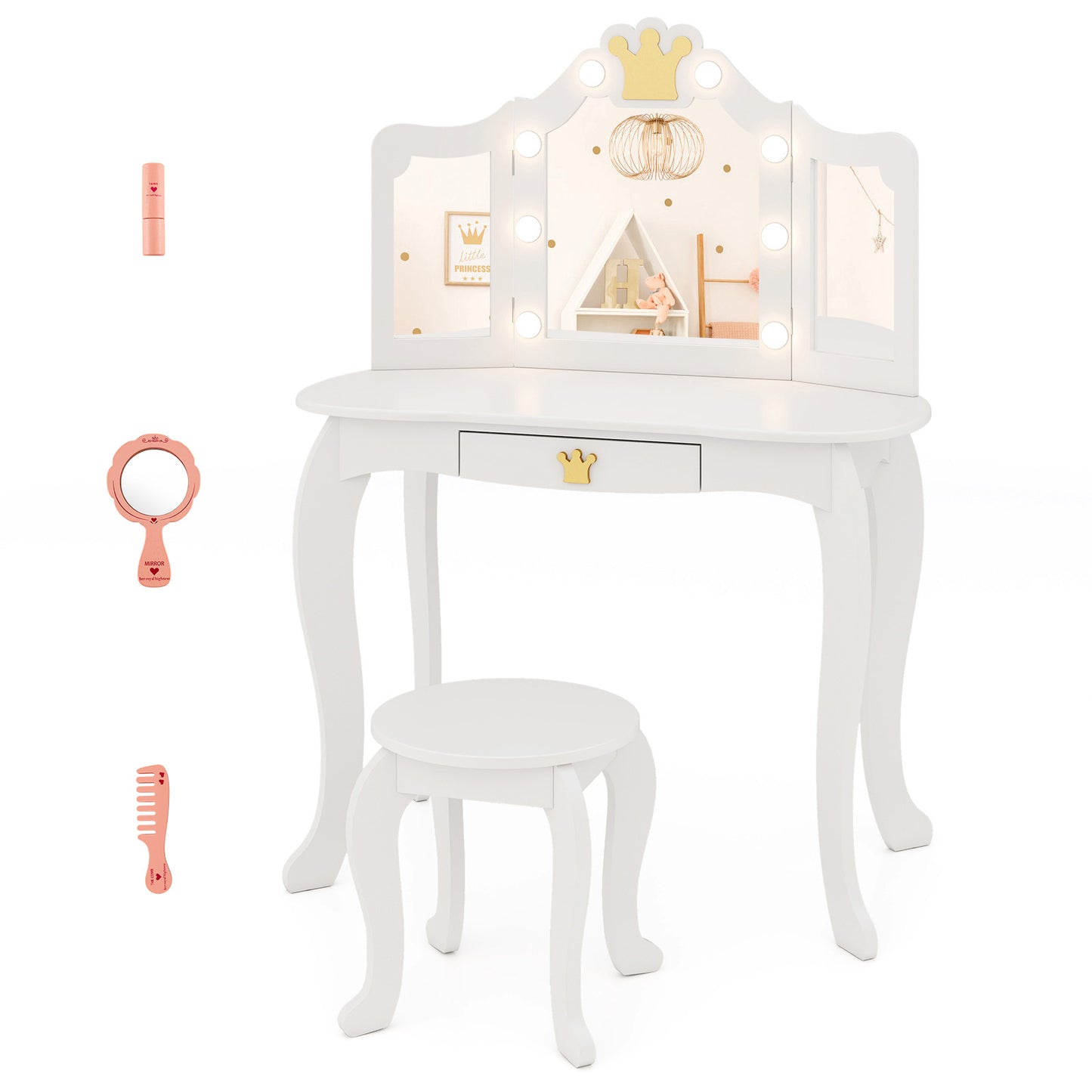 Infans Kids Vanity Set Princess Vanity Table & Chair Set with Lighted Mirror