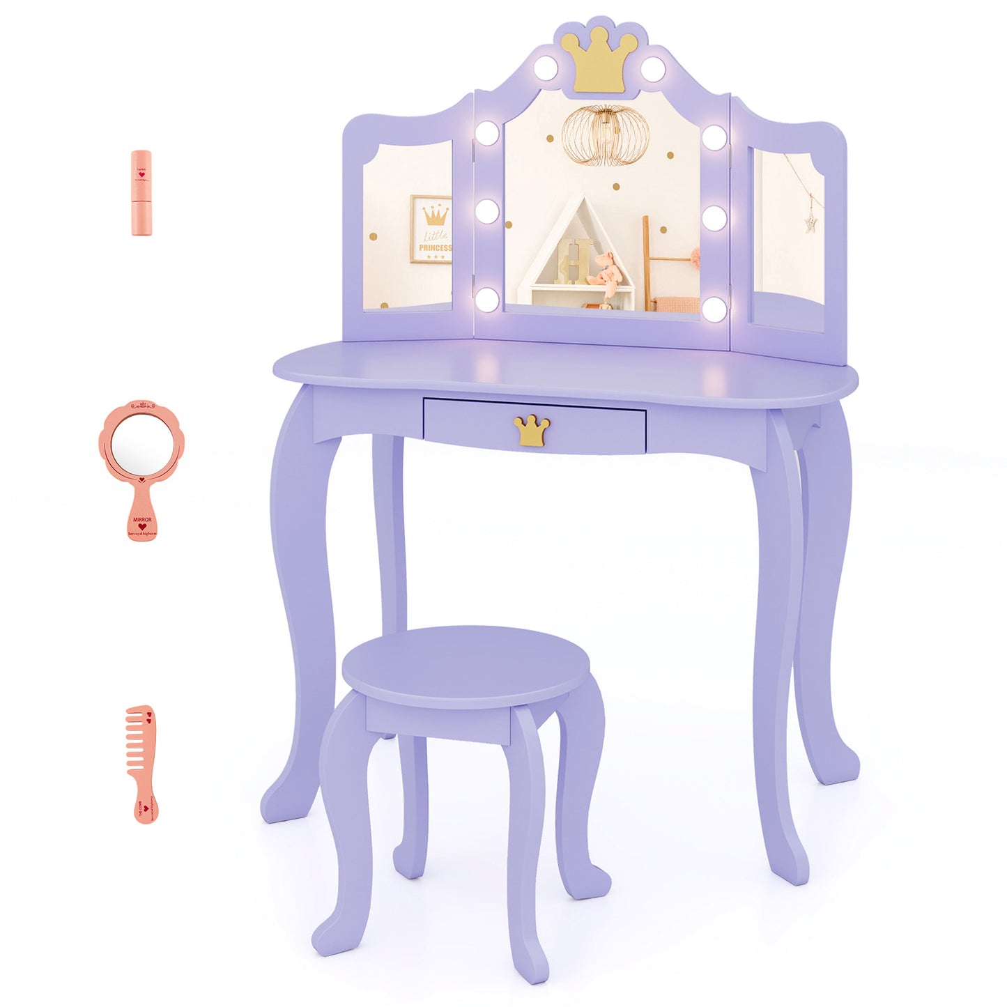 Infans Kids Vanity Set Princess Vanity Table & Chair Set with Lighted MirrorViolet