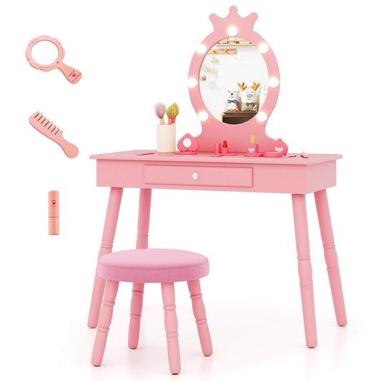 Infans Kids Vanity Set Princess Vanity Table & Chair Set with Lighted MirrorPink