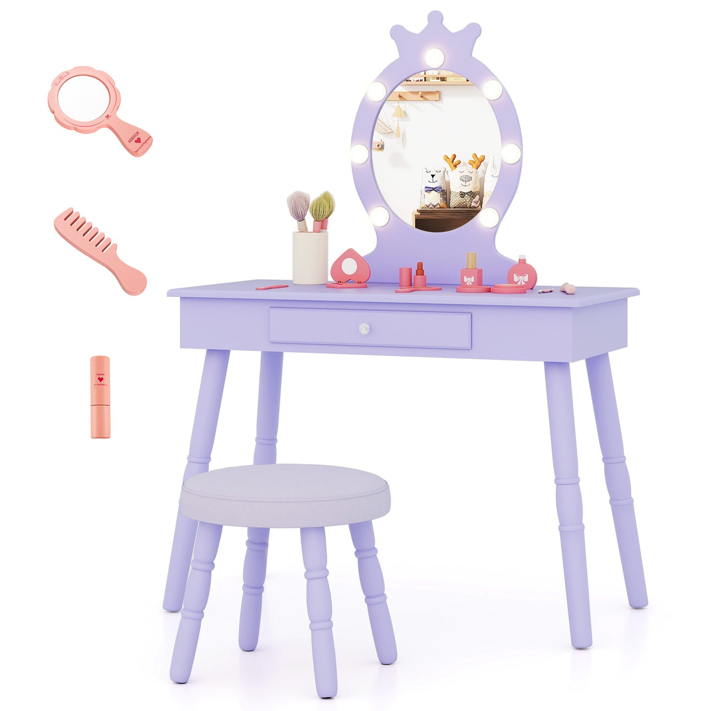Infans Kids Vanity Set Princess Vanity Table and Chair Set with Lighted MirrorWhite