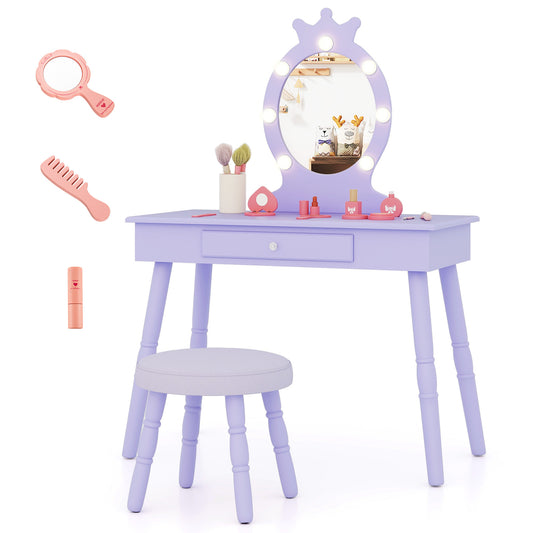 Infans Kids Vanity Set Princess Vanity Table and Chair Set with Lighted MirrorWhite
