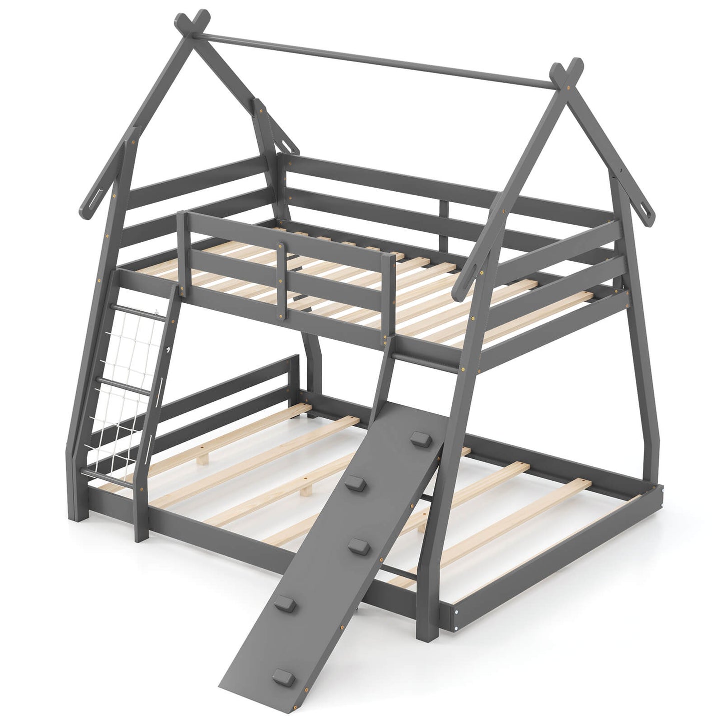 Infans Twin Over Queen Bunk Bed House Shaped Bed Frame with Climbing Nets and Ramp