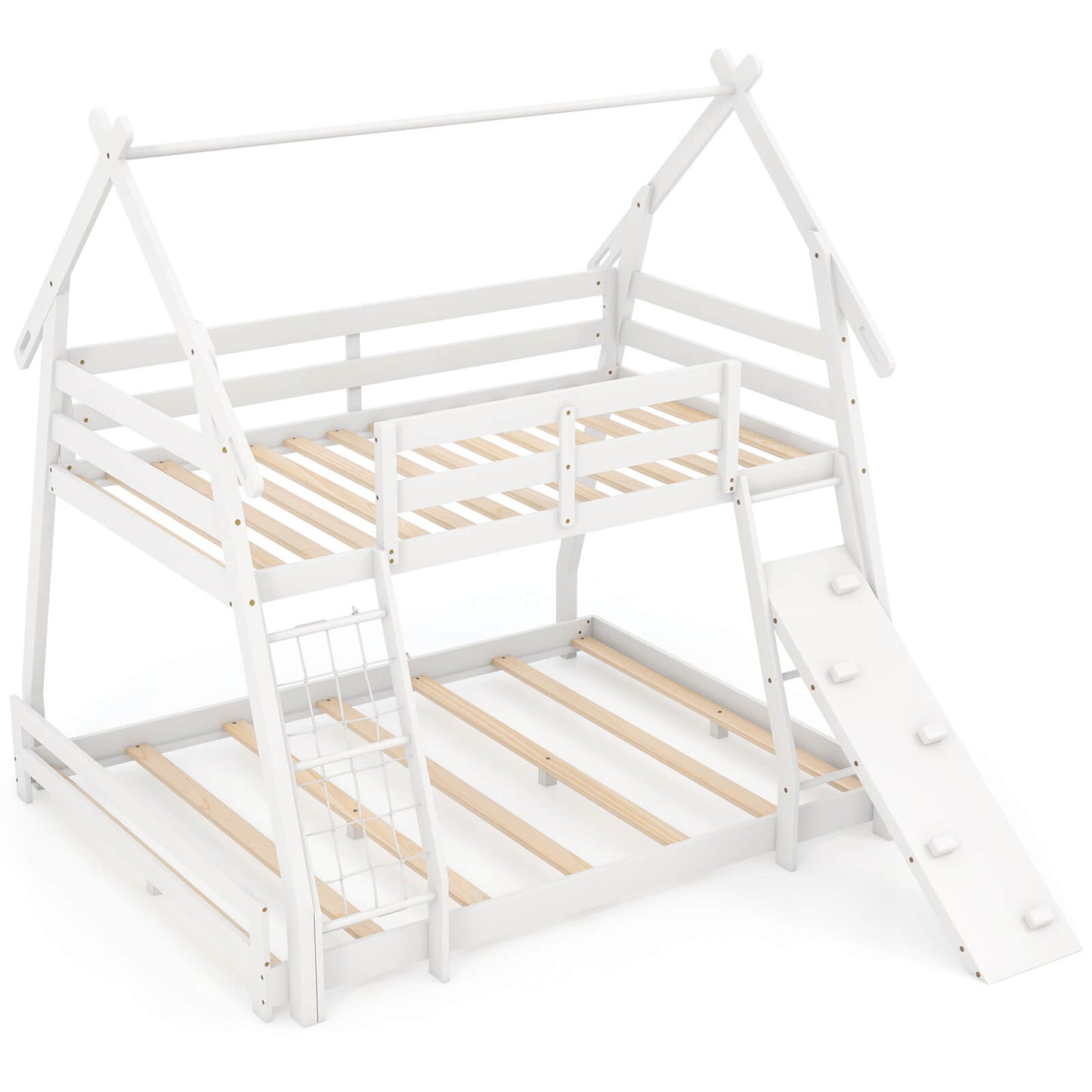 Infans Twin Over Queen Bunk Bed House Shaped Bed Frame with Climbing Nets and RampWhite
