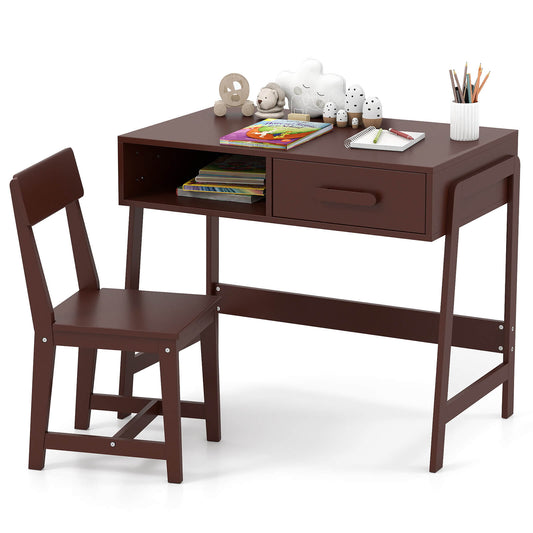 Infans Kids Desk and Chair Set with Storage Drawer and Hutch, Student Writing Desk SetBrown