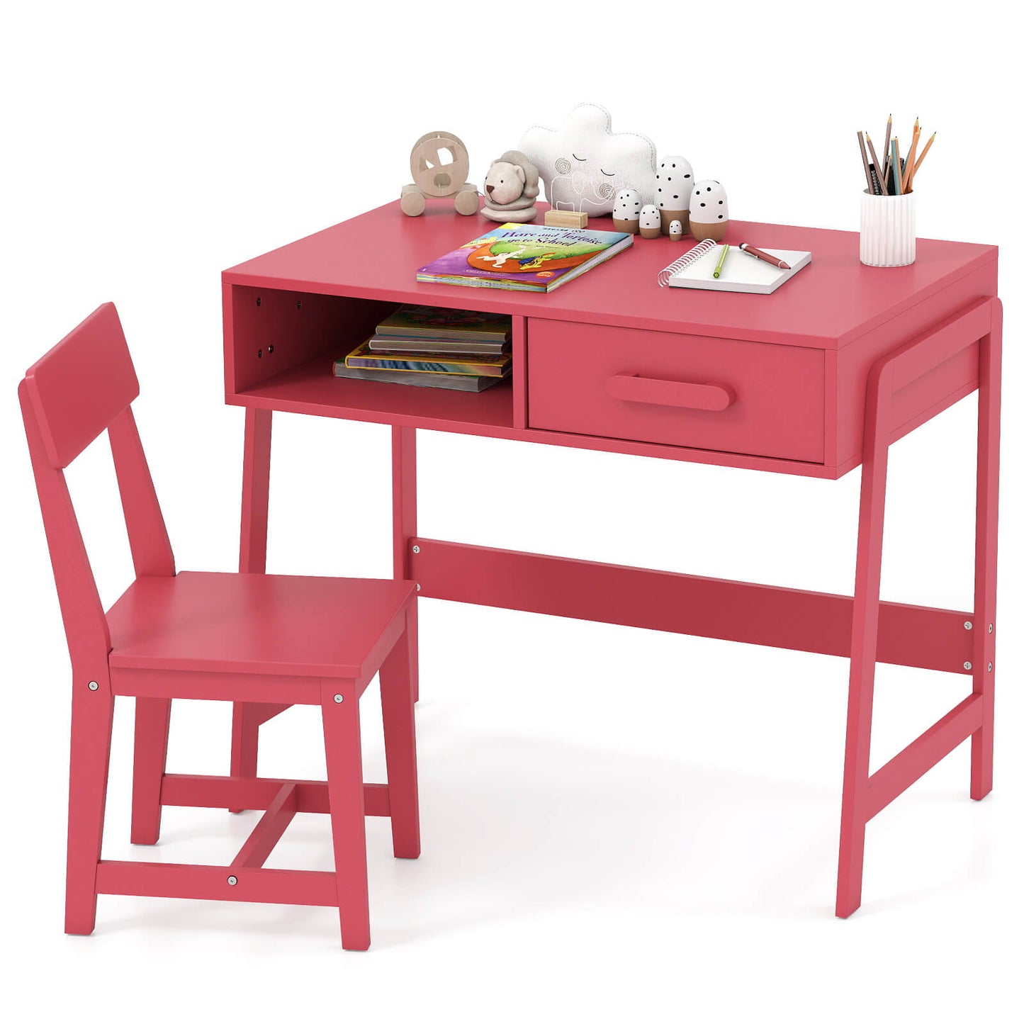 Infans Kids Desk and Chair Set with Storage Drawer and Hutch, Student Writing Desk SetPink
