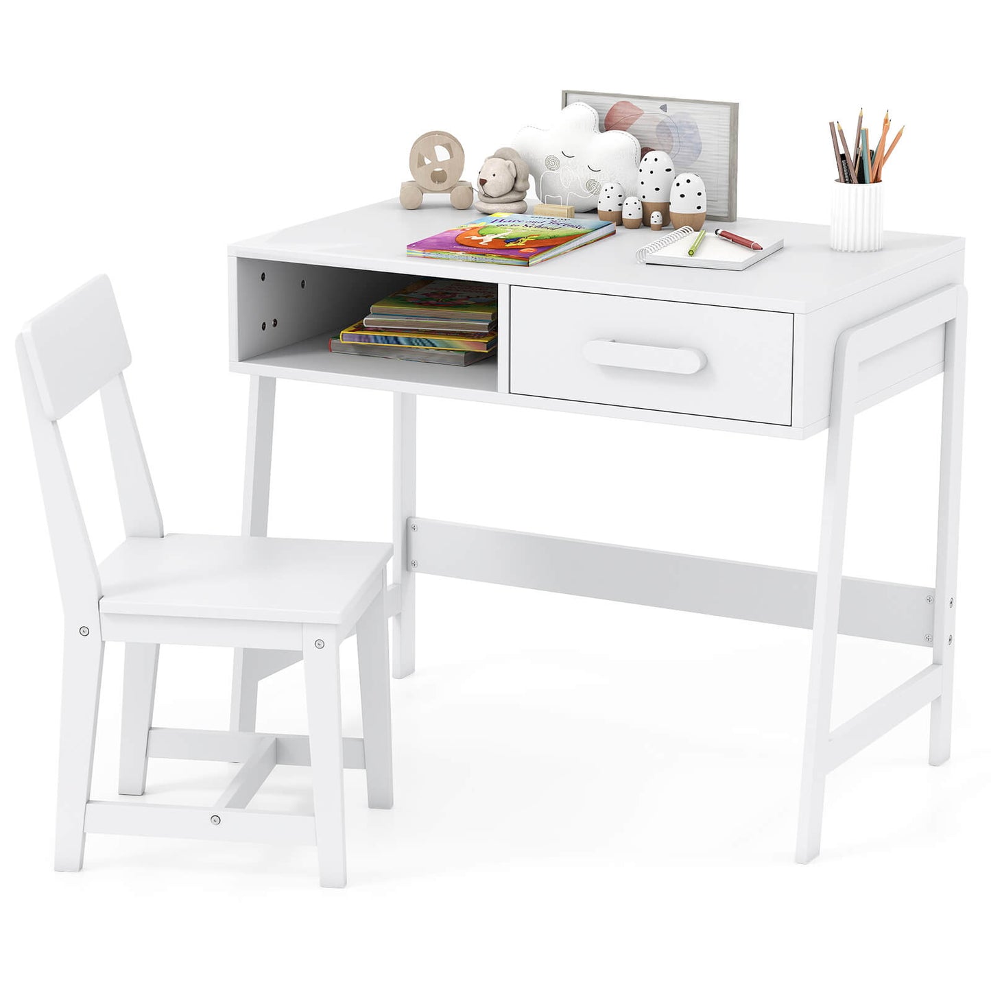 Infans Kids Desk and Chair Set with Storage Drawer and Hutch, Student Writing Desk SetWhite