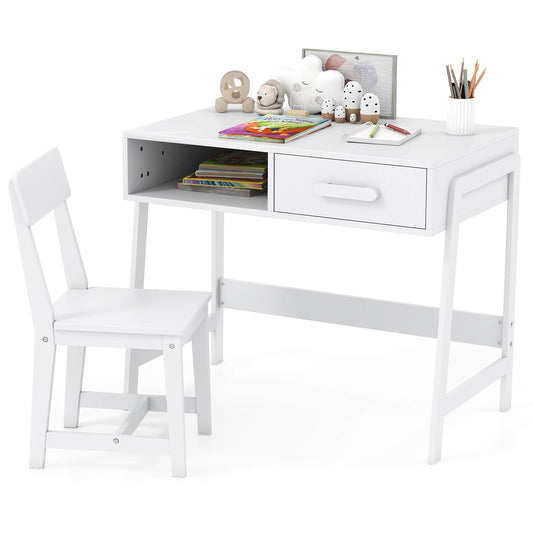 Infans Kids Desk and Chair Set with Storage Drawer and Hutch, Student Writing Desk SetWhite