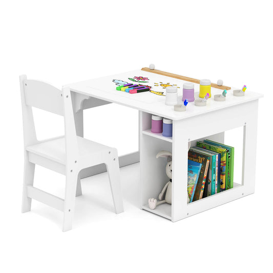 Infans Kid?¡¥s Art Table & Chair Set with Paper Roll 4 Paint Cups & 2 Storage Shelves