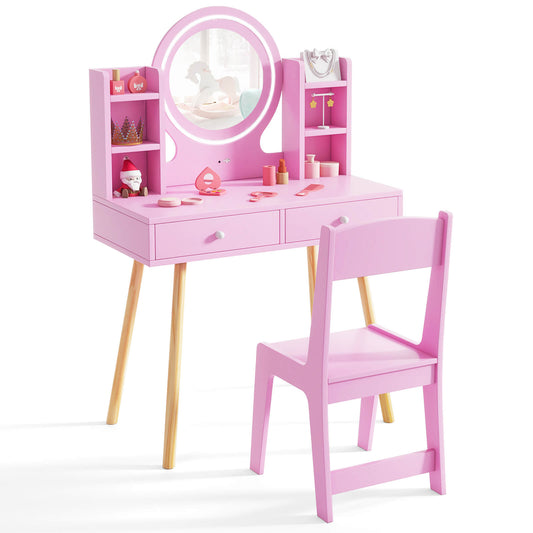 Infans Kids Vanity Set Princess Vanity Desk Set with 2-Color LED Lighted Acrylic MirrorPink