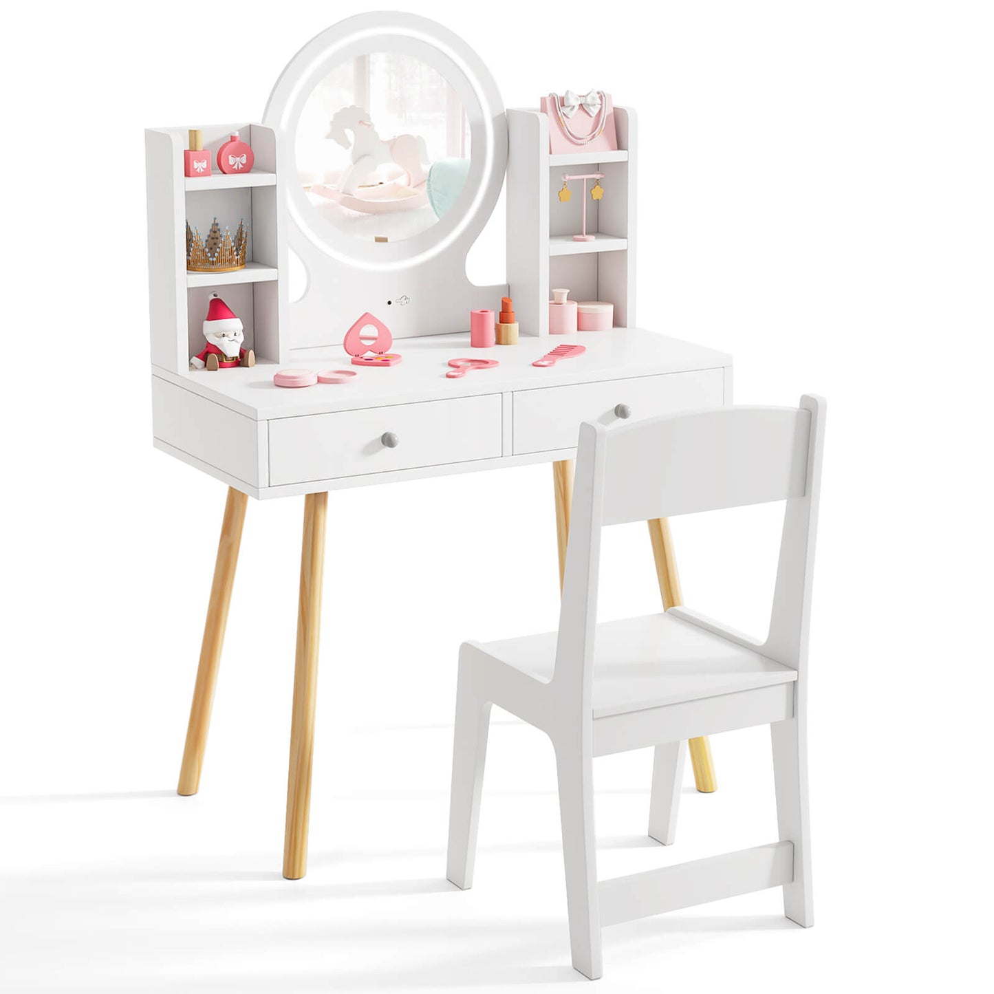 Infans Kids Vanity Set Princess Vanity Desk Set with 2-Color LED Lighted Acrylic MirrorWhite