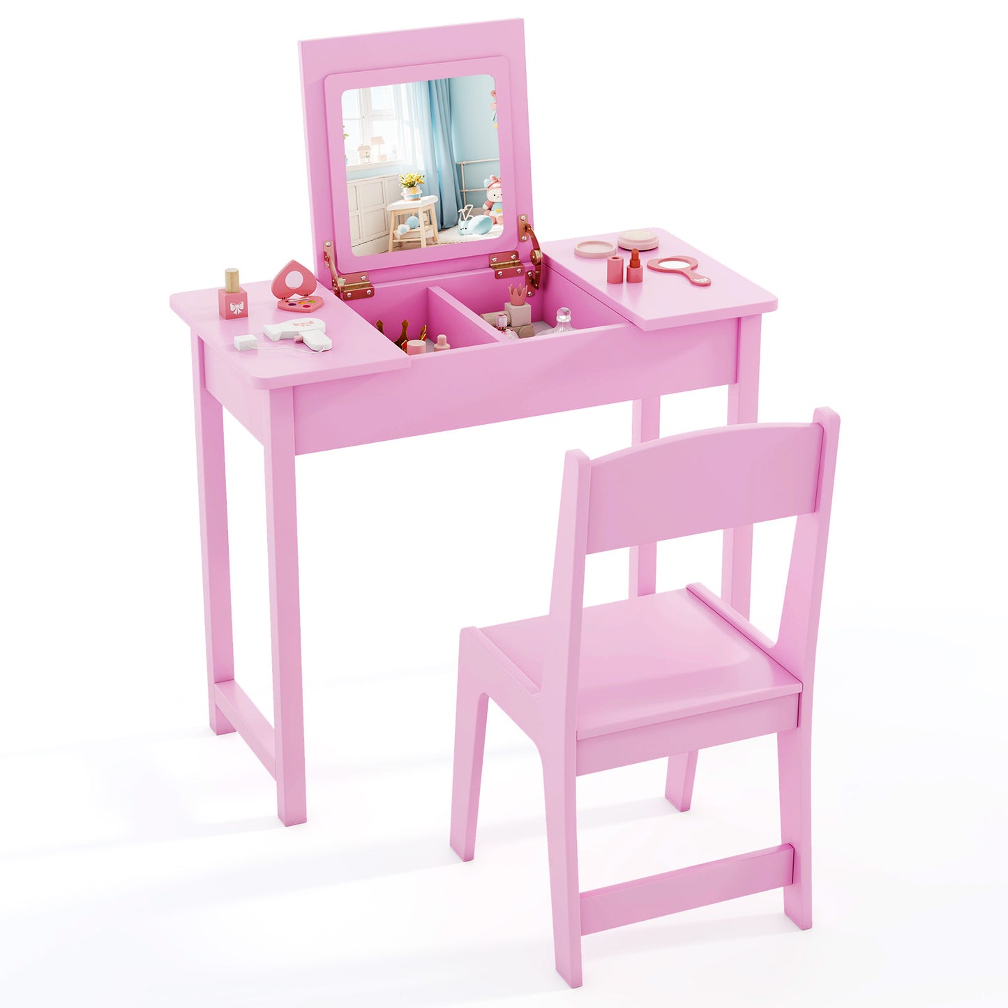 Infans Kids Vanity Table and Chair Set 2-in-1 Princess Makeup Dressing Desk SetPink