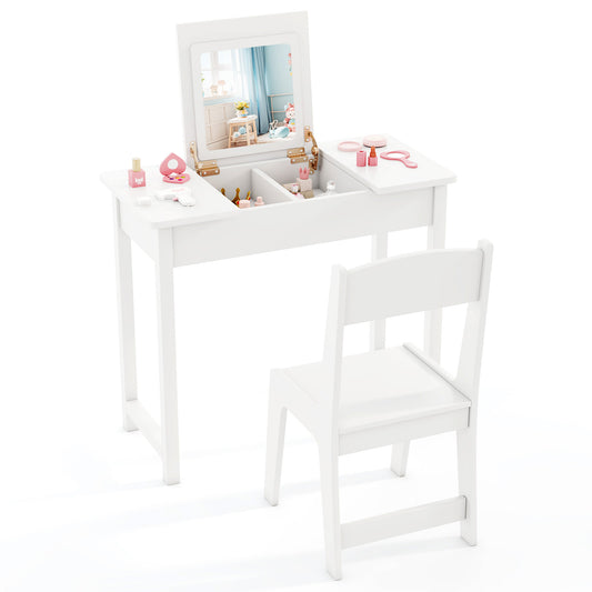 Infans Kids Vanity Table and Chair Set 2-in-1 Princess Makeup Dressing Desk SetWhite